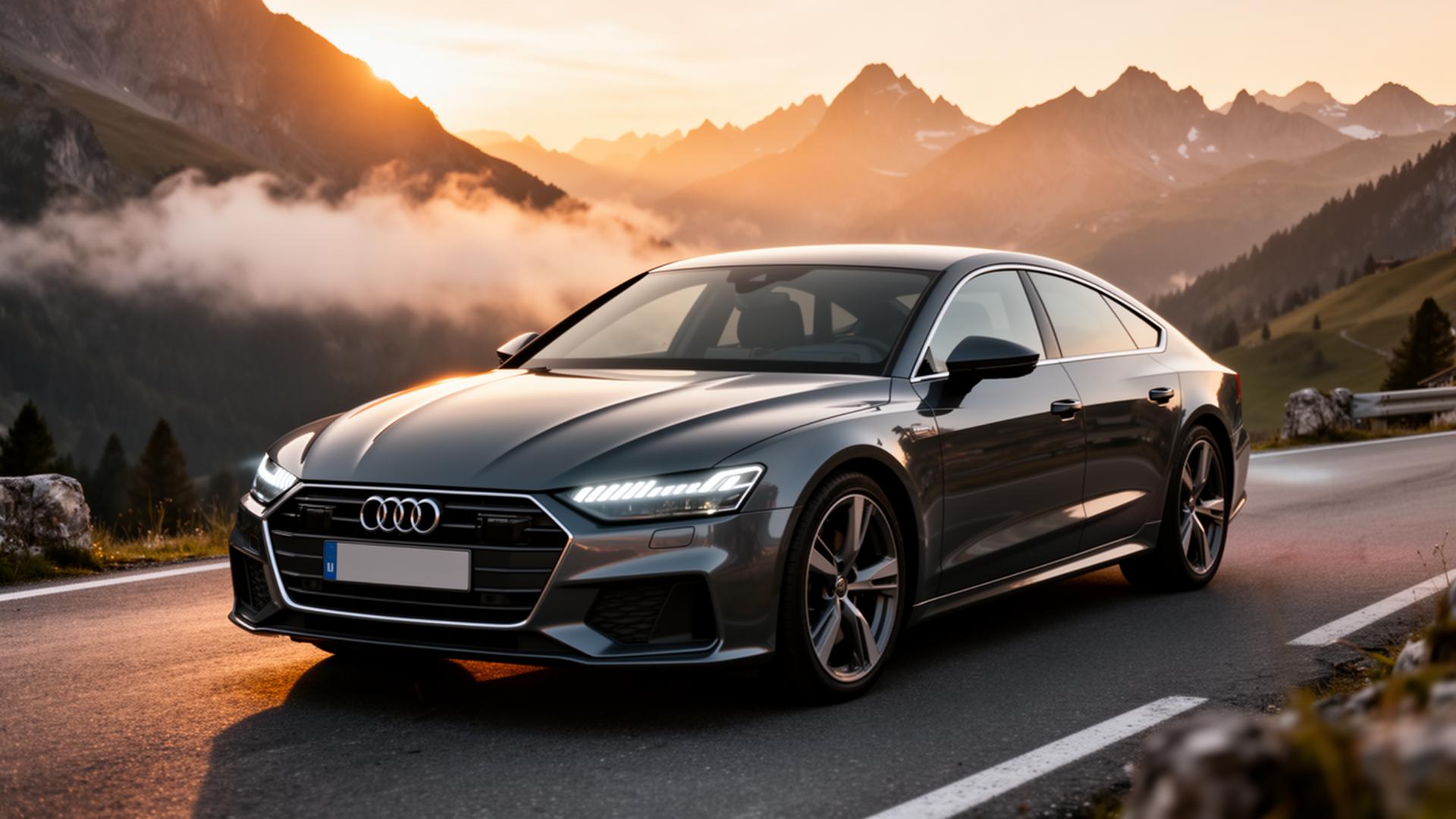 Audi sedan onderweg op een Europese snelweg bij schemering